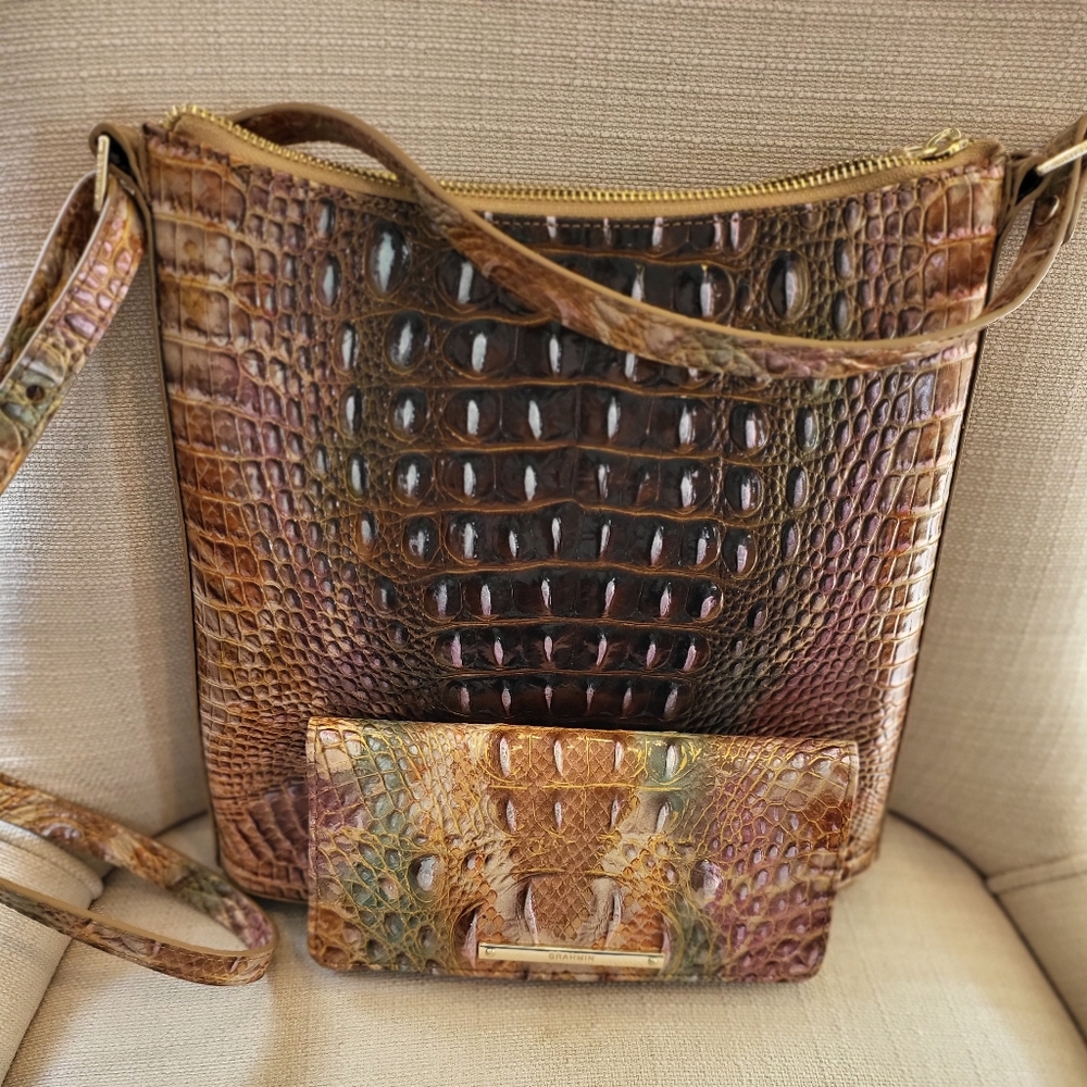 Beautiful Brahmin Crossbody Bag with Matching Wallet - Truffle Python